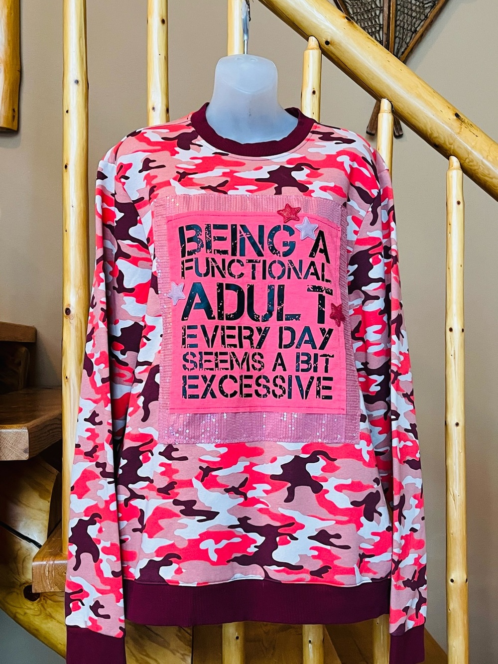 Upcycled Camo Graphic Sweatshirt - "Being A Functional Adult"